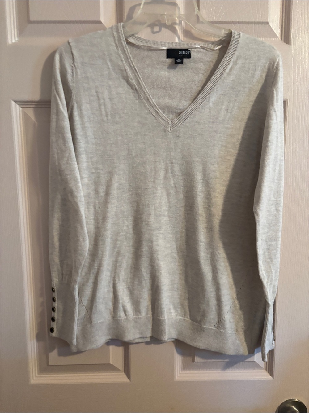 a.n.a Light Gray V-Neck Knit Sweater with Button Cuffs